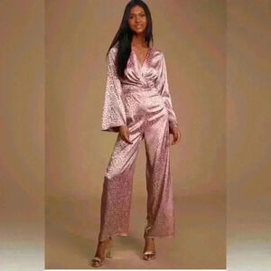 Lulu’s Untamed Dame Dusty Lavender Leopard Print Satin Jumpsuit Long Sleeves